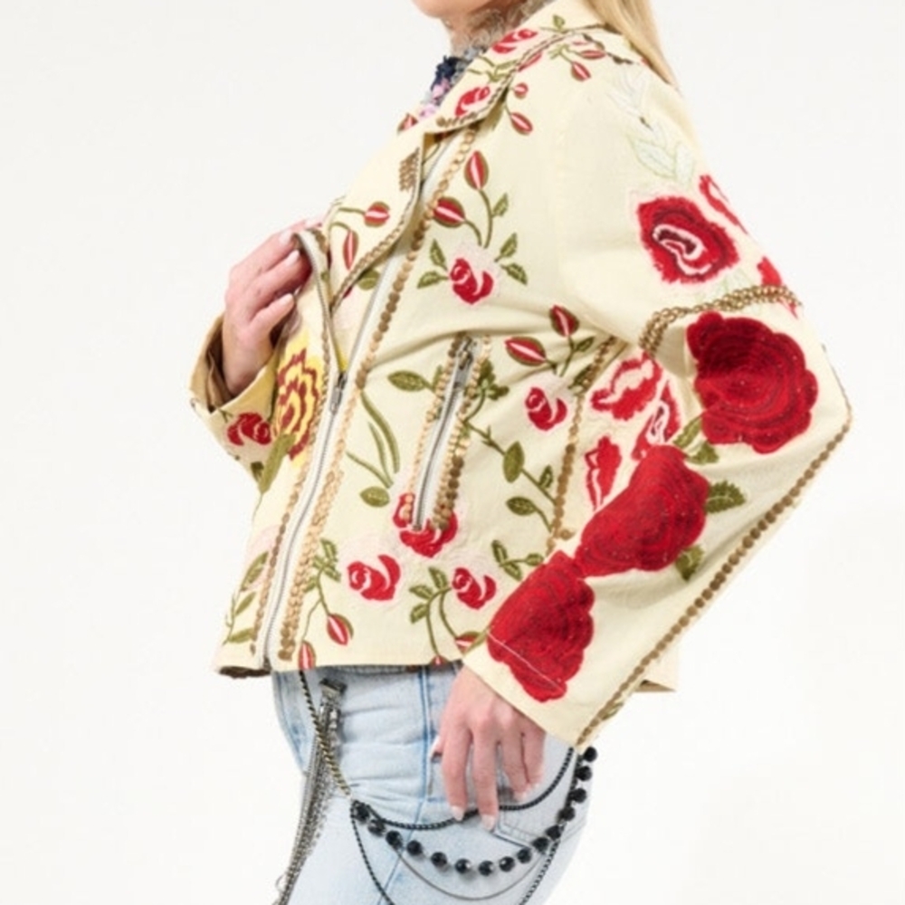 Aratta Cream Leather Jacket with Red Floral Embroidery - Picture 4 of 4
